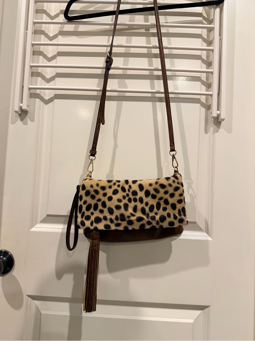 Leopard Print Crossbody Bag with Tassel - Brown
